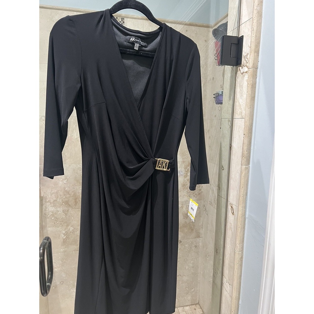 Anne Klein Classic Moc Wrap Dress Women's Black Jersey Gold Logo New Nwt